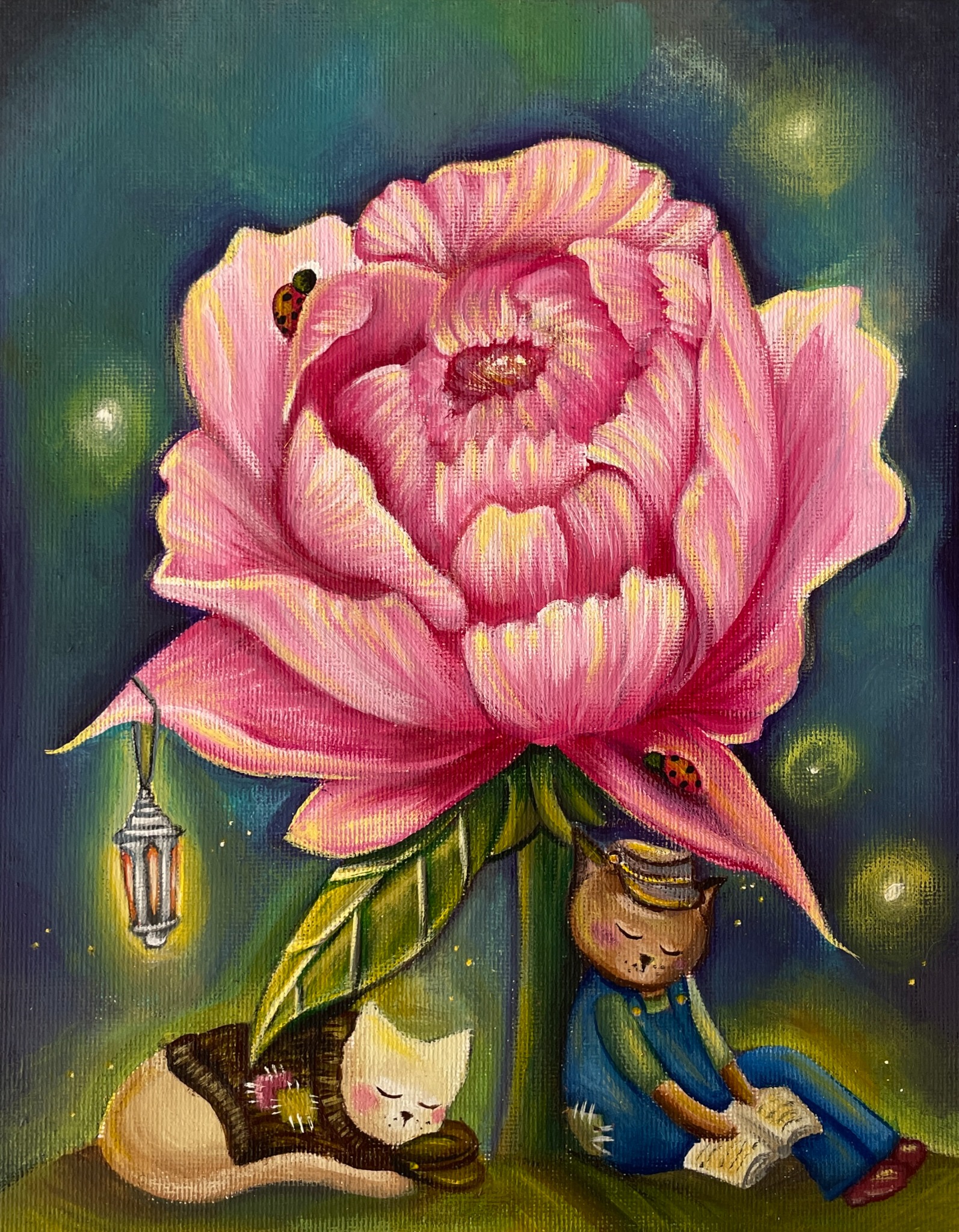 Two cat-like friends resting beneath an enormous pink flower