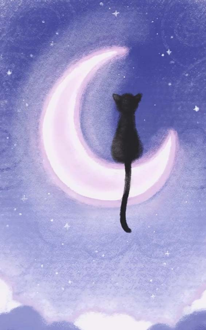 Black cat sitting on a glowing crescent moon in a purple night sky